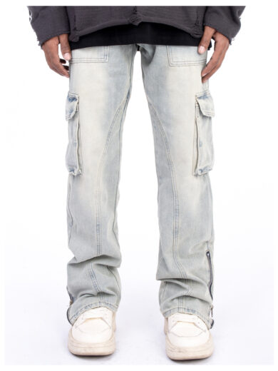 American Style Autumn And Winter Washed And Made Old Micro Elastic Jeans With Zipper Design At The Hem For Casual Pants - Image 2