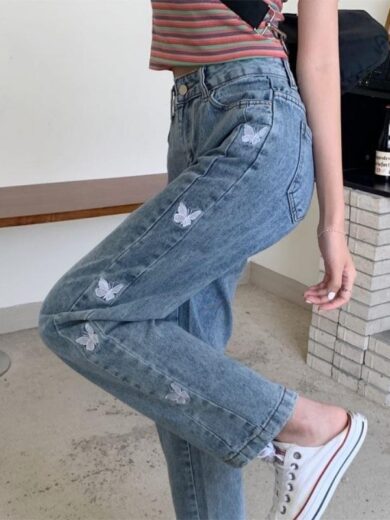 Women's Loose All-match Butterfly Embroidered Straight Jeans - Image 10