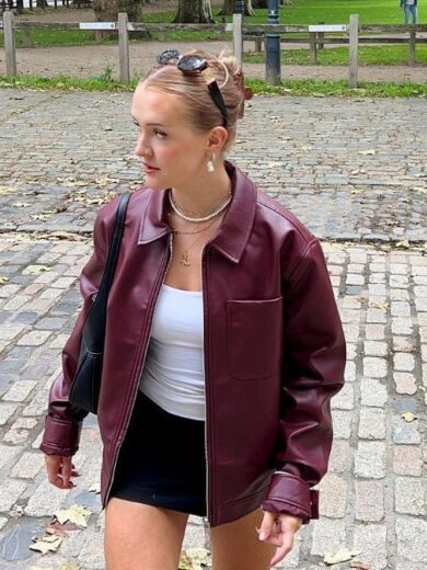 Retro Fashion Polo Collar Advanced PU Leather Jacket Coat - Image 10
