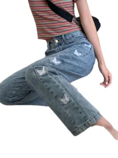 Women's Loose All-match Butterfly Embroidered Straight Jeans - Image 4
