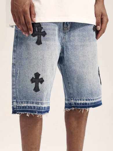 Embroidered Raw Edge Tide Brand Summer Casual Denim Shorts For Men
