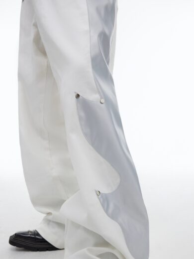 Niche Structured Leather Patchwork Flame Rivet Trousers - Image 2