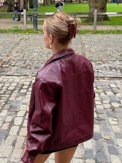 Retro Fashion Polo Collar Advanced PU Leather Jacket Coat - Image 4